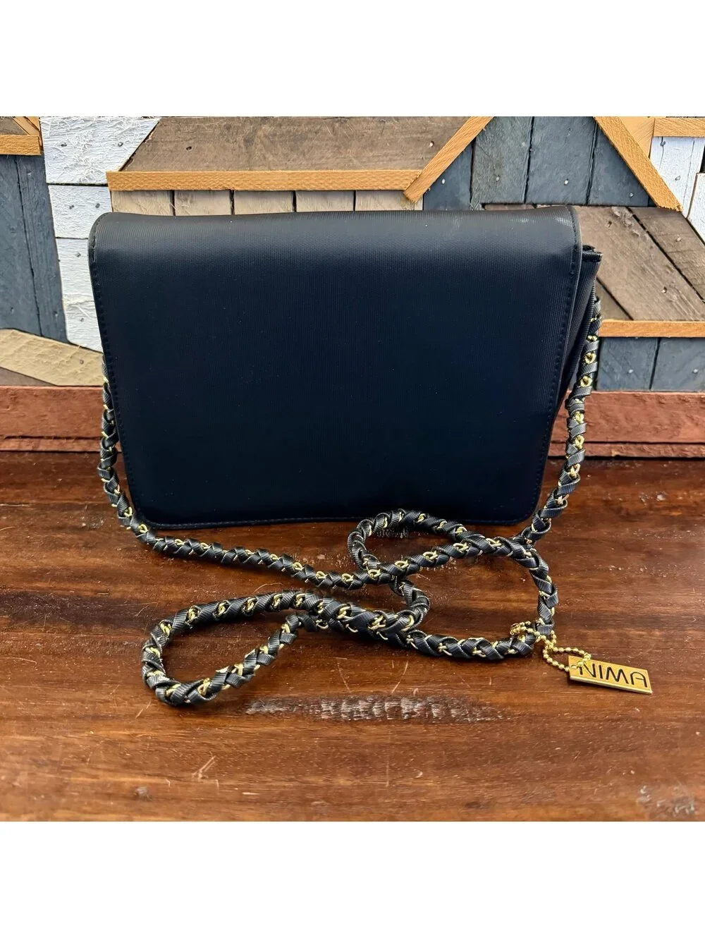 Vintage 80s NIMA Black Crossbody Bag Gold 3D Leaping Leopard Cheetah